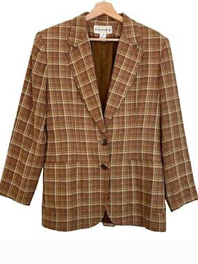 Vintage 90s EVAN-PICONE Academia Heritage Plaid Silk Blend Two Button Blazer